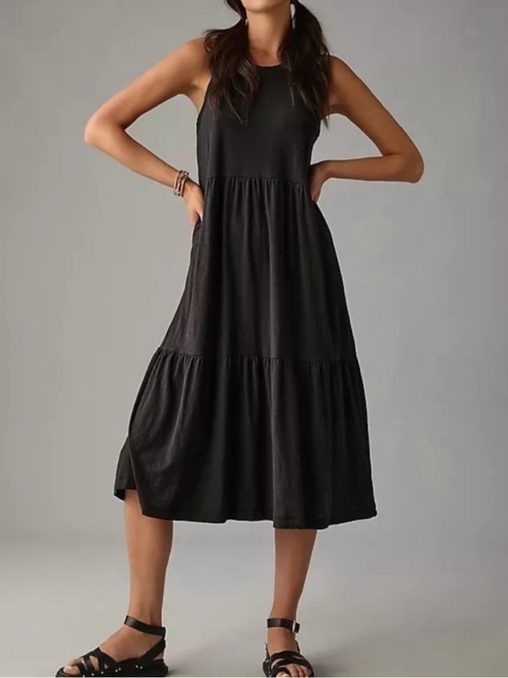 Nation LTD Black Pima Cotton Tiered Tank Midi Dress XS